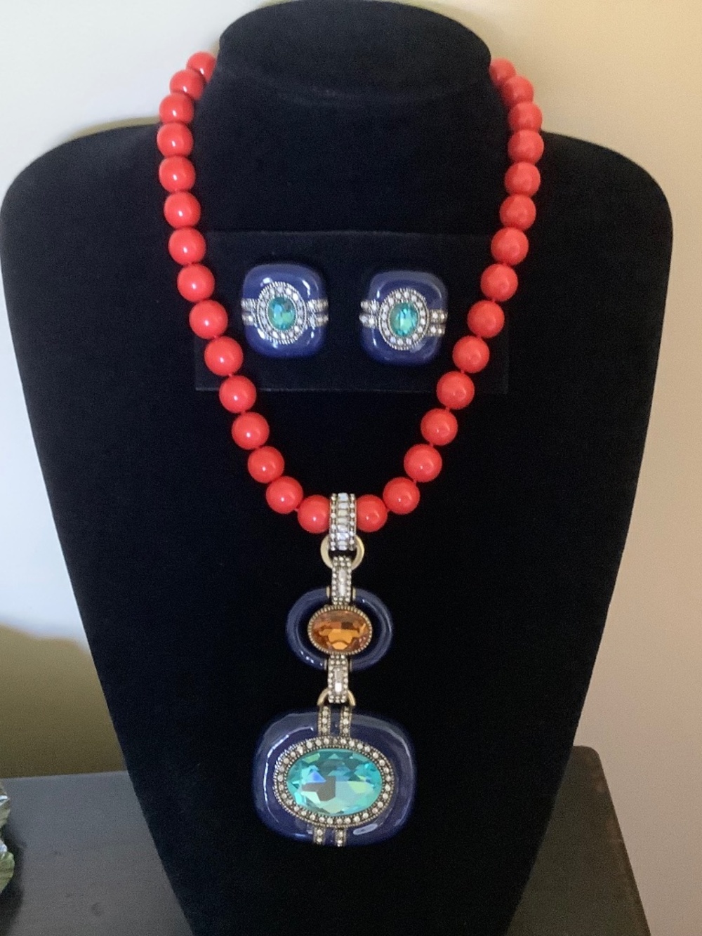 Heidi Daus "Super Chic" Coral and Blue Beaded Crystal Enamel Necklace & Earrings